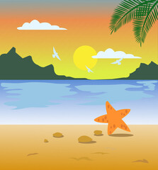 Fototapeta na wymiar Amazing Seascape Sunset and Starfish