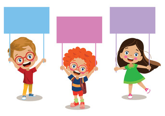cute happy energetic students holding banner text here