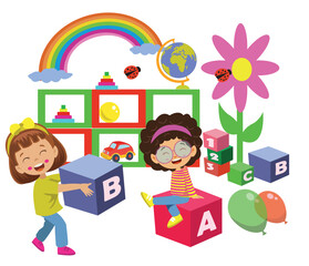 learning letters kids carrying letter cubes in class