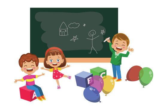 school classroom wooden balloon and happy students