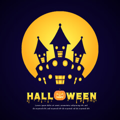 Halloween greeting cards, poster, or party invitations with calligraphy, halloween elements spooky castle, pumpkins, in night clouds. Design template for advertising, web, and social media.