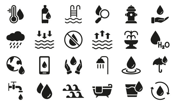 Water Silhouette Icon Set. Drop Water Black Icon. Mineral Water, Low and High Tide, Shower, Plastic Bottle and Glass Pictogram. Fire Hydrant and Fountain. Vector Isolated Illustration