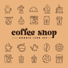 Cafe shop. Set of hand drawn coffee and tea doodles: drinks, desserts, beans and other related objects.
