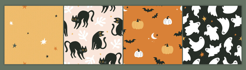 Halloween patterns collection. Vector illustration in modern flat cartoon style of four seamless patterns with Halloween symbols: pumpkins, black cats, and ghosts