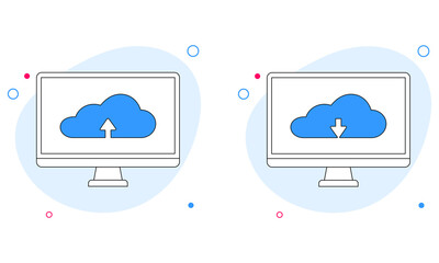 Cloud upload and download icon on computer screen. Vector illustration in line flat style