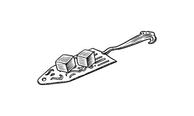 Absinthe spoons for sugar cube. Scraper for kitchen. Hand drawn. Vintage engraved sketch. 
