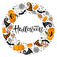 Happy Halloween frame. Round wreath with Pumpkins, candle, witch hat, bat, spider, cobweb. Hand drawn autumn vector circle frame with happy halloween lettering. Holiday sketch design in flat style