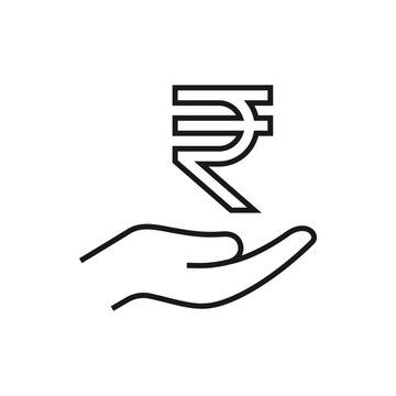 Rupee currency sign on hand line icon isolated on white background. Vector illustration