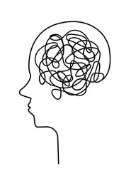 Depression in mental health man feeling problems, failures, heartbreak, worried. Tired persone icon, sad mood line style isolated on white background. 10 eps