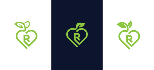 Heart Leaf Logo Concept symbol sign icon Element Design with Initial Letter R. Love, Herbal, Natural Products, Cosmetics, Ecology, health Care, spa, yoga Logotype. Vector illustration template