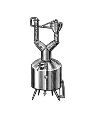 Pot Swan necked copper stills distillery for making alcohol. Engraved hand drawn vintage retro sketch for logo or whiskey label or alcohol menu. Vector illustration.