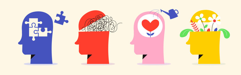 Mental health concept illustration trendy color style for psyhology book, medical metaphor, poster, flyer, booklet, social media, advertising. Vector 10 eps