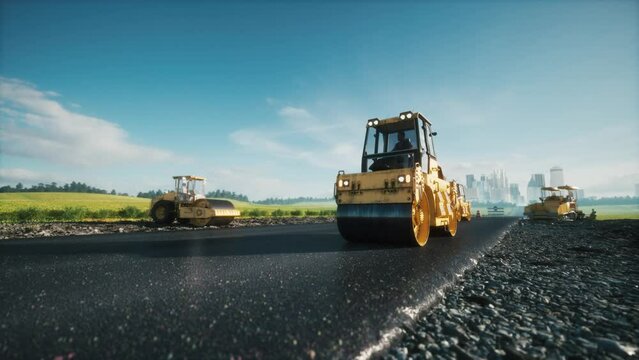 Road rollers working on the new road construction site. Road rollers drive on a new road. 3d animation