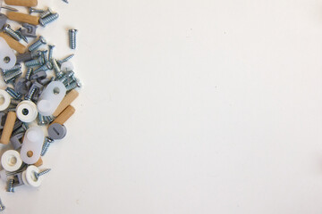 Furniture accessories. Equipment options and tools for assembling furniture on a white background.