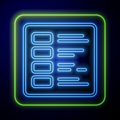 Glowing neon Business finance report icon isolated on blue background. Audit and analysis, document, plan symbol. Vector