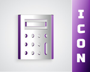 Paper cut Calculator icon isolated on grey background. Accounting symbol. Business calculations mathematics education and finance. Paper art style. Vector