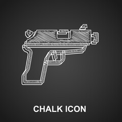 Chalk Pistol or gun icon isolated on black background. Police or military handgun. Small firearm. Vector