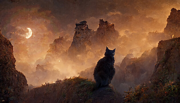 A cat silhouette in epic landscape