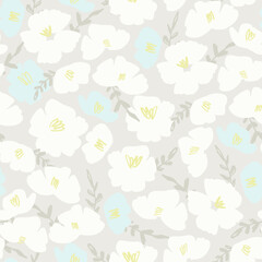 Seamless pattern with hand drawn Camellia flowers for surface design and other design projects. Line art, light-colored background - obrazy, fototapety, plakaty