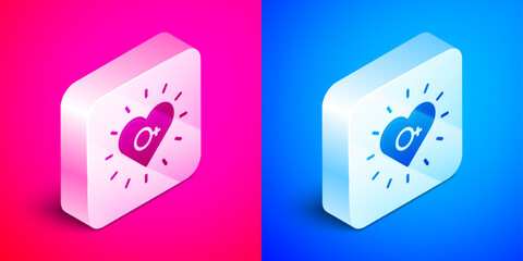 Isometric Feminism icon isolated on pink and blue background. Fight for freedom, independence, equality. Silver square button. Vector