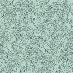 Seamless repeating pattern with rowan tree branches and ashberries. Vector illustration on light blue backgroud for surface design and other design projects