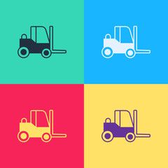 Pop art Forklift truck icon isolated on color background. Fork loader and cardboard box. Cargo delivery, shipping, transportation. Vector