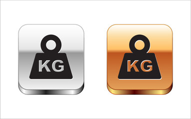 Black Weight icon isolated on white background. Kilogram weight block for weight lifting and scale. Mass symbol. Silver and gold square buttons. Vector