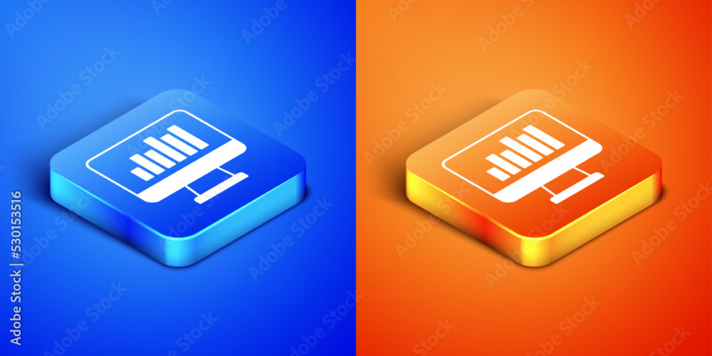 Poster isometric computer monitor with graph chart icon isolated on blue and orange background. report text