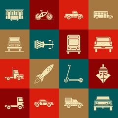 Set Off road car, Cargo ship, Pickup truck, Formula race, Old city tram and Bus icon. Vector