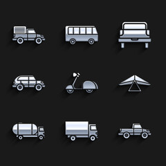 Set Scooter, Delivery cargo truck vehicle, Pickup, Hang glider, Tanker, Hatchback, and icon. Vector