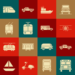 Set School Bus, Sedan car, Old retro vintage plane, Cargo ship, Tram and railway, Trolleybus, Train and icon. Vector