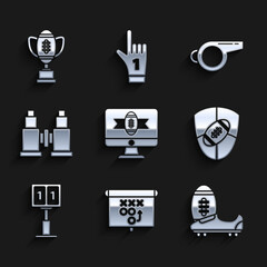 Set American football on tv program, Soccer or shoes with spikes, Football and shield, Sport mechanical scoreboard result display, Binoculars, Whistle and Award cup icon. Vector