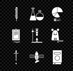 Set Meteorology thermometer measuring, Test tube and flask chemical laboratory, Pie chart infographic, Pipette, Satellite, Book, Clipboard with document and Glass test on fire heater icon. Vector