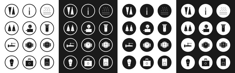 Set Rain and waves, Gauge scale, Rubber flippers for swimming, Flashlight, Army knife, Wind rose and Industry metallic pipes valve icon. Vector © Oksana