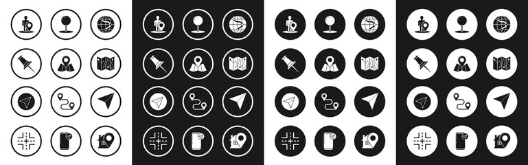Set Location on the globe, Folded map with location marker, Push pin, Map silhouette of person, Paper airplane and icon. Vector