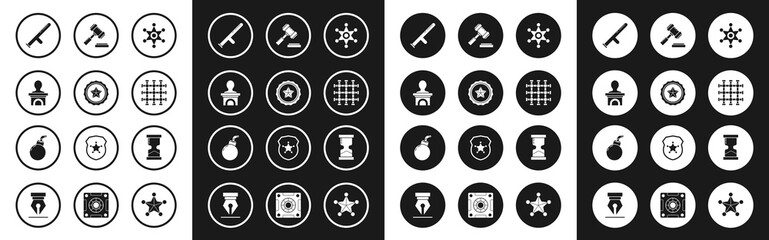 Set Hexagram sheriff, Police badge, Stage stand or debate podium rostrum, rubber baton, Prison window, Judge gavel, Old hourglass and Bomb ready explode icon. Vector