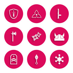 Set Japanese ninja shuriken, Police badge, Viking horned helmet, Chevron, Medieval axe, rubber baton and shield with sword icon. Vector