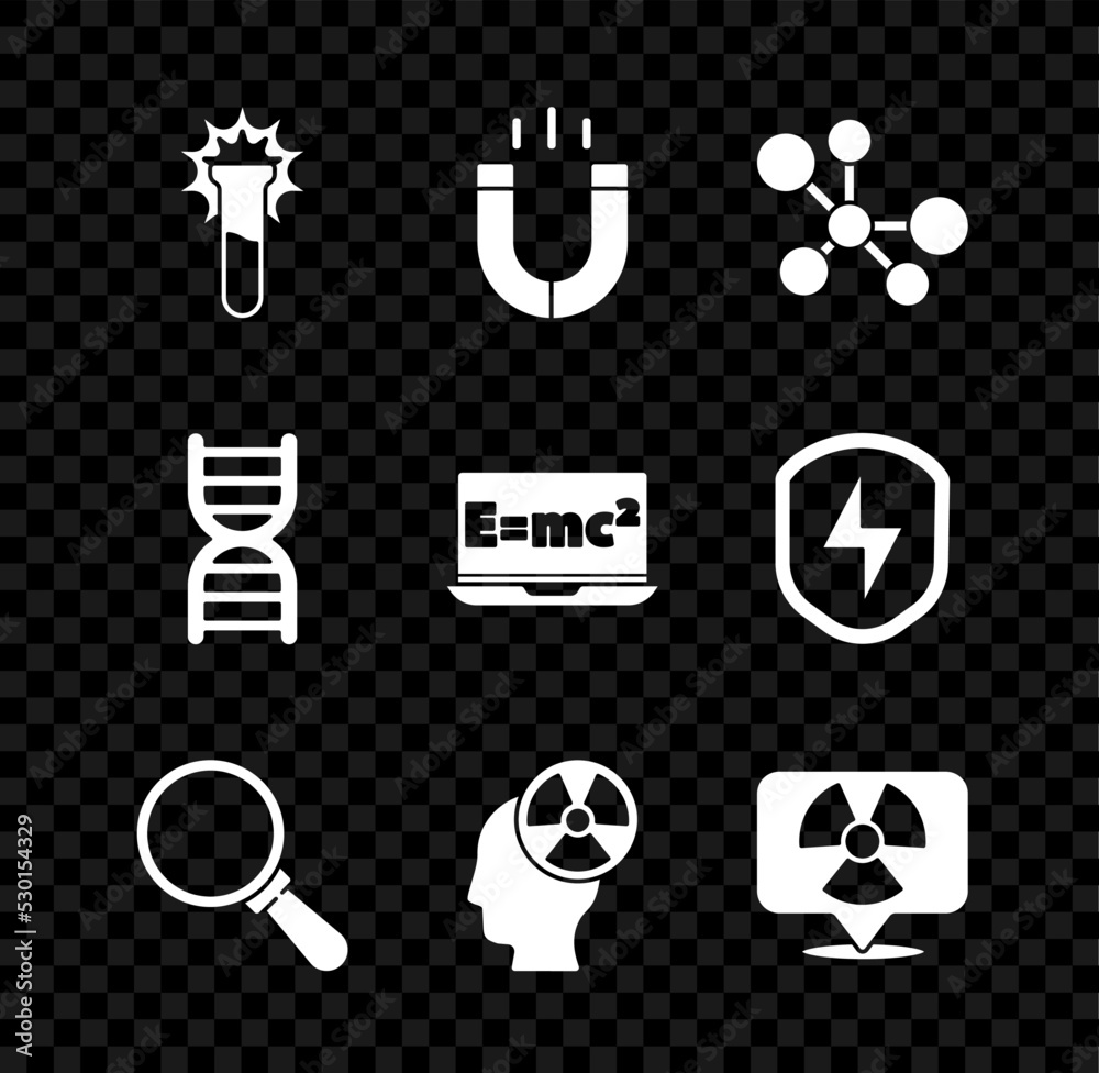 Poster Set Test tube and flask, Magnet, Molecule, Magnifying glass, Head radiation symbol, Radioactive location, DNA and Equation solution icon. Vector