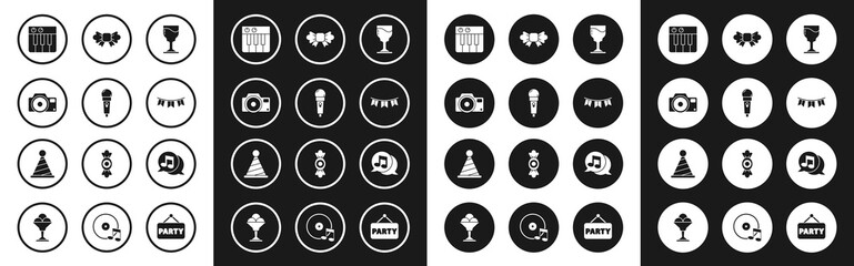 Set Wine glass, Microphone, Photo camera, Music synthesizer, Carnival garland with flags, Bow tie, Musical note speech bubble and Party hat icon. Vector