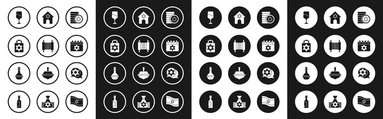 Fototapeta premium Set Jewish coin, Torah scroll, Shopping bag with star of david, goblet, calendar, synagogue, Star David and wine bottle icon. Vector