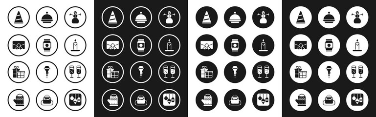 Set Christmas snowman, Beer can, postcard, Party hat, Burning candle, covered with tray, Glass of champagne and Gift box icon. Vector