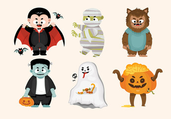 Cute Cartoon Halloween Character Illustrations Dracula Vampire Zombie Werewolf Frankenstein Monster Ghost Pumpkin