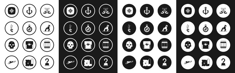 Set Crossed pirate swords, Compass, Pirate, Wind rose, Bottle with message water, Anchor, Wooden barrel and Skull icon. Vector