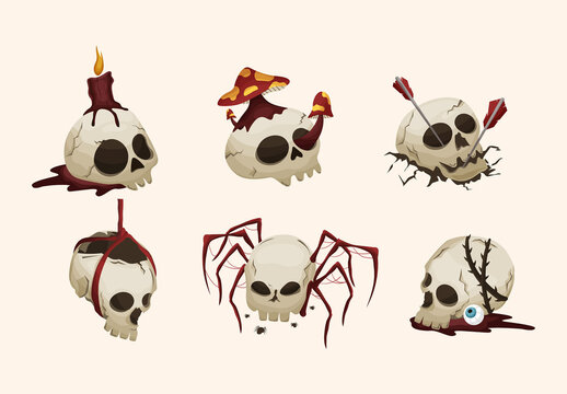 Cute Cartoon Skulls Halloween Character Illustrations