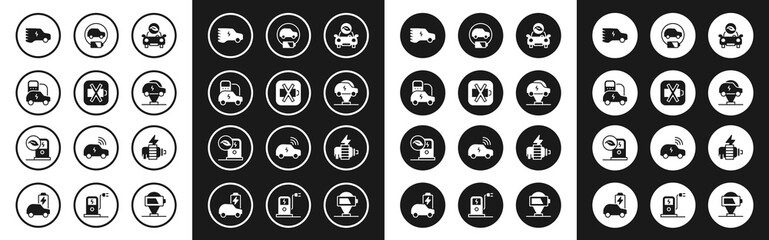 Set Eco car, Low battery, Electric, motor and charging station icon. Vector