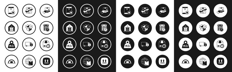 Set Delivery hand with box, Unboxing, Warehouse, Delete envelope, Cardboard calendar, Plane cardboard, clock and Weight icon. Vector
