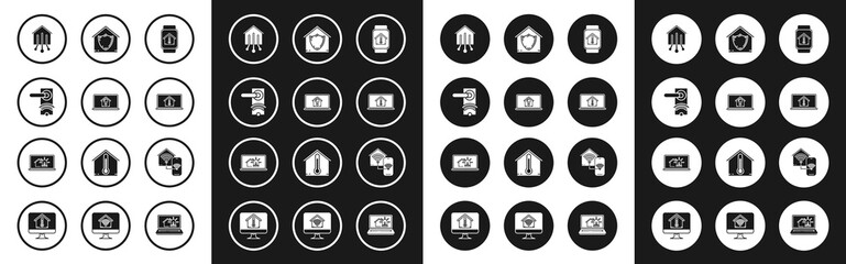 Set Smart watch with house temperature, Laptop smart and light bulb, Digital door lock wireless technology for unlock, home, House under protection, wi-fi and alarm icon. Vector