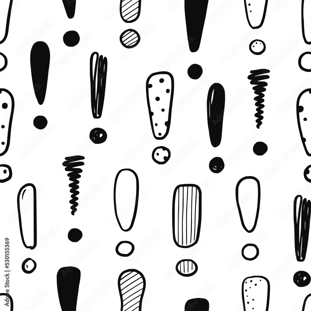Poster hand drawn exclamation mark seamless pattern. scribble doodle exclamation point sign background. han