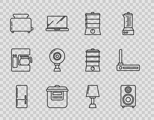 Set line Refrigerator, Stereo speaker, Double boiler, Slow cooker, Toaster with toasts, Web camera, Table lamp and Router and wi-fi signal icon. Vector