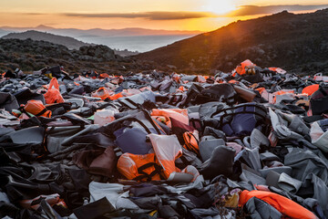 lifejackets on the mountain at sunset
